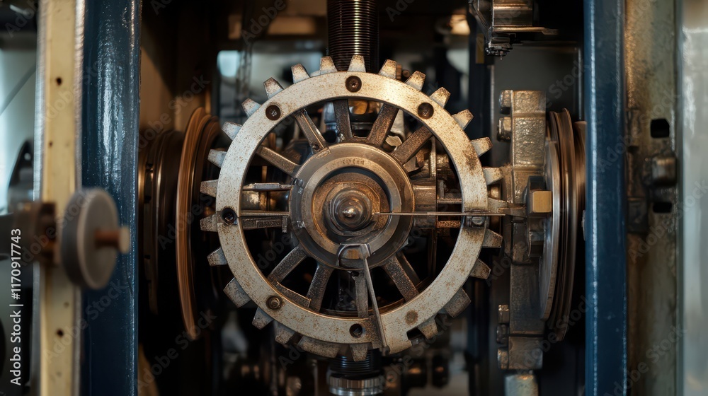A close-up of a mechanical motor, with rotating cogs and exposed parts, symbolizing the harmony of mechanical energy and technological creativity.