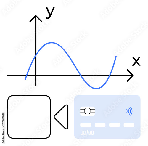 Blue sine wave on XY graph, lens and play button, contactless credit card. Ideal for fintech, data analysis, AI, video processing, e-commerce, machine learning abstract line flat metaphor