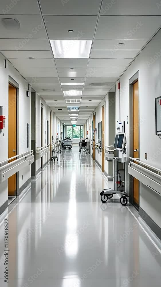Empty hospital corridor with bright lighting, clean floors, and medical equipment. Empty hospital corridor with bright lighting, clean floors, and medical equipment.