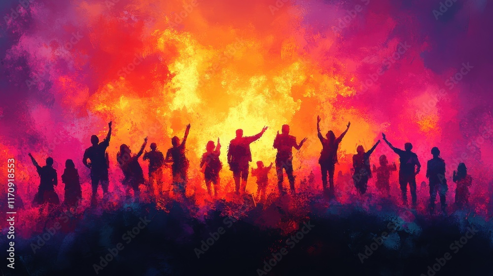 A vibrant silhouette of a crowd against a fiery background, symbolizing unity and protest. A vibrant silhouette of a crowd against a fiery background, symbolizing unity and protest.