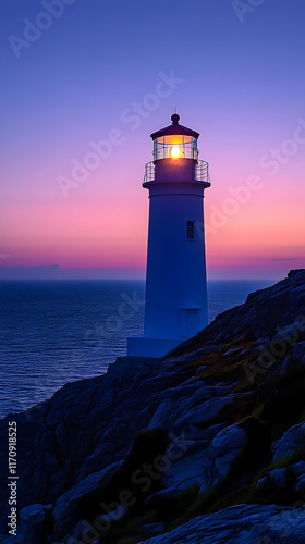Wallpaper Mural Luminous lighthouse on rocky coast at sunset. Torontodigital.ca