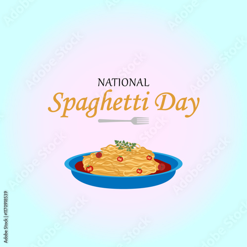 National Spaghetti Day. Spaghetti, plate and fork. Postcard, banner, poster, vector.