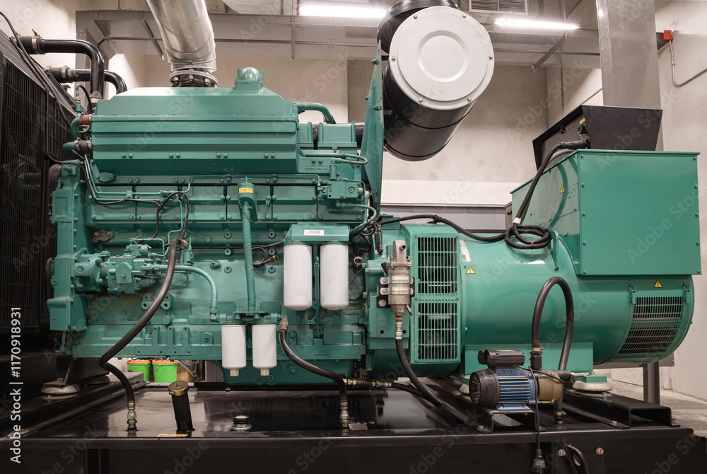 Reserve diesel engine-generator for maintenance of trouble-free work of electrical installation. Engine generator set powered by Diesel power, Generator emergency power supply, Electricity generation.
