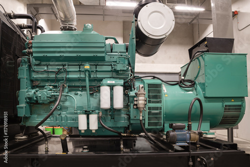 Obraz na płótnie Reserve diesel engine-generator for maintenance of trouble-free work of electrical installation. Engine generator set powered by Diesel power, Generator emergency power supply, Electricity generation. w salonie