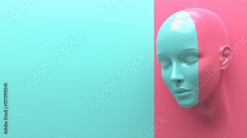 Futuristic dual-tone female face sculpture in pink and aqua photo