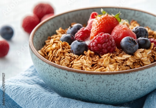 A bowl of cereal with blueberries, raspberries, and strawberries