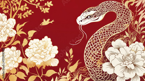 Serene Serpent and Peonies: Elegant illustration of a snake coiled amidst blossoming peonies on a rich red background, evoking a sense of mystery and tranquility. 