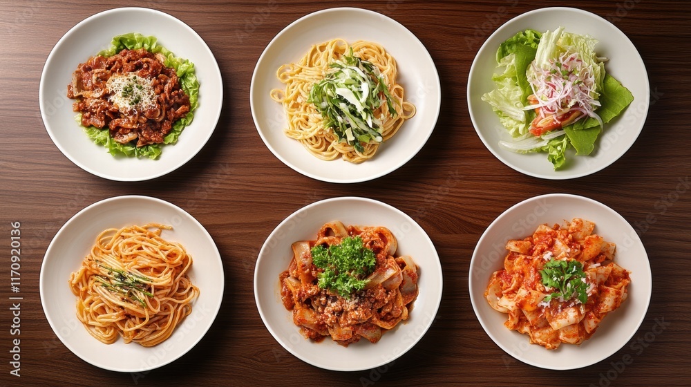 A table with six plates of food, including pasta, salad, and meat A table with six plates of food, including pasta, salad, and meat