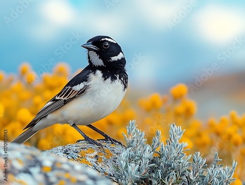 Lark Bunting Calamospiza melanocorys black white bird perched on a prairie shrub under a vast cloudy blue sky photo