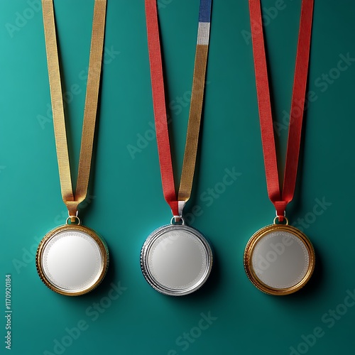 Obraz na płótnie Three Blank Medals Hanging On Teal Background w salonie
