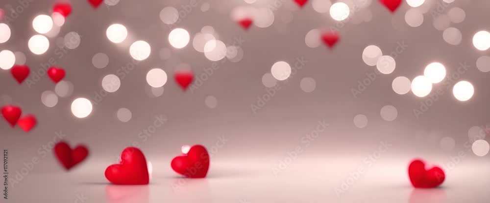Valentines day party flyer with red heart and ribbon on silver bokeh background Website banner 4K