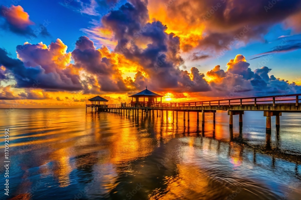 Fototapeta premium Houston Sunset Pier: Vibrant Colors & Silhouetted Structures at Dusk