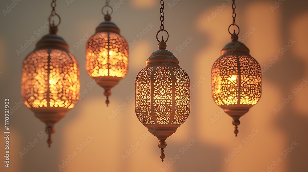 3D-rendered glowing Ramadan lanterns suspended in mid-air, casting intricate shadows on a neutral gradient background. 3D-rendered glowing Ramadan lanterns suspended in mid-air, casting intricate shadows on a neutral gradient background.