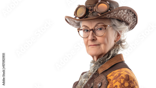 Explore the Intriguing World of Steampunk through the Portrait of an Old Woman Appropriately Dressed in Retro Fashion, Ideal for Literature and Art Projects. photo