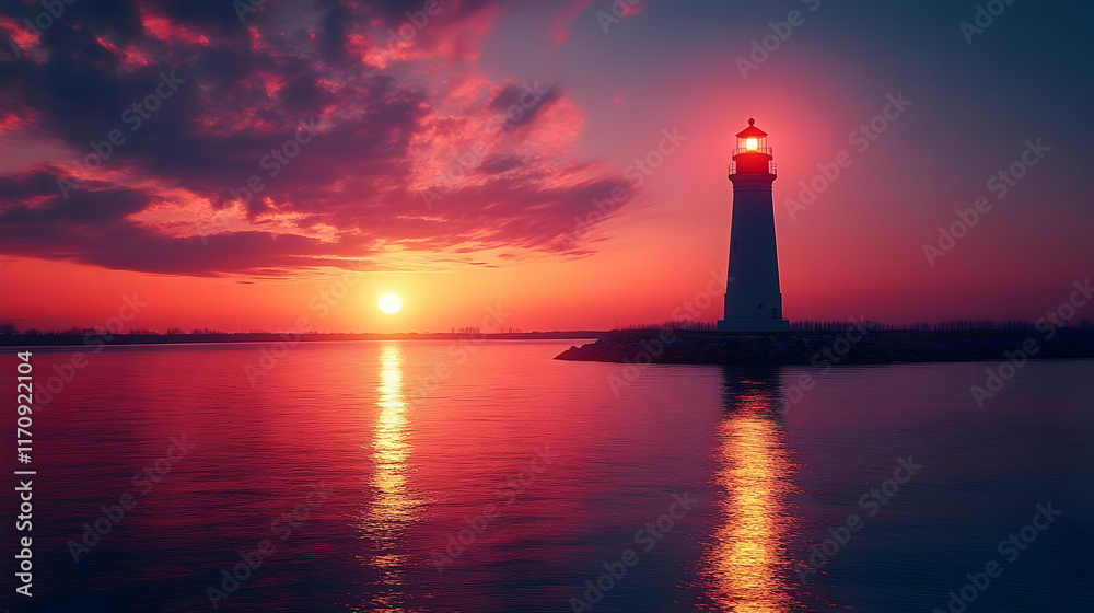 Luminous lighthouse standing tall against a vibrant sunset over calm ocean waters. Luminous lighthouse standing tall against a vibrant sunset over calm ocean waters.