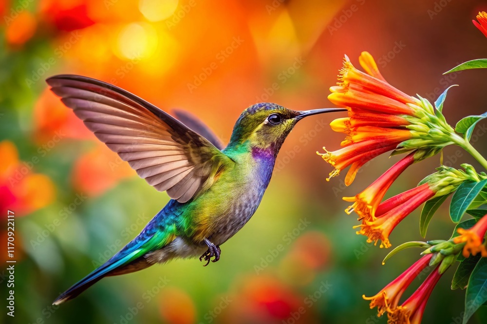 Fototapeta premium Hummingbird Nectar: Iridescent Feathers & Trumpet Flower Close-Up - 8K UHD Stock Photo