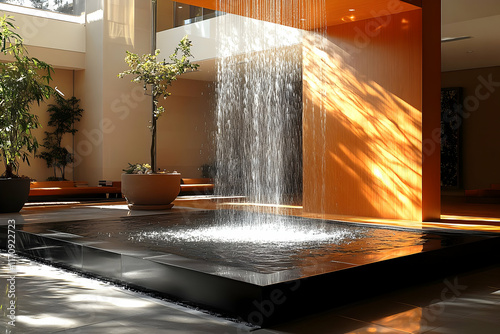 Fototapeta Naklejka Na Ścianę i Meble -  Indoor waterfall feature in modern building lobby.