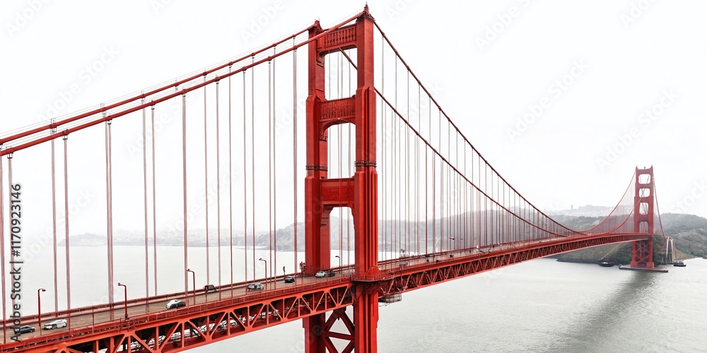 Fototapeta premium Iconic Red Suspension Bridge Isolated on White, American Landmark, Golden Gate Style