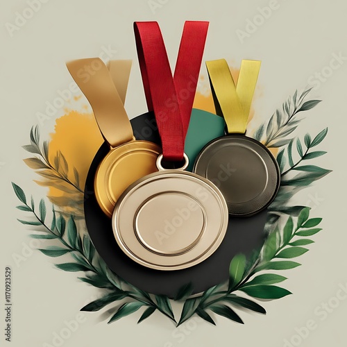 Obraz na płótnie Three Gold Silver Bronze Medals With Leaves w salonie