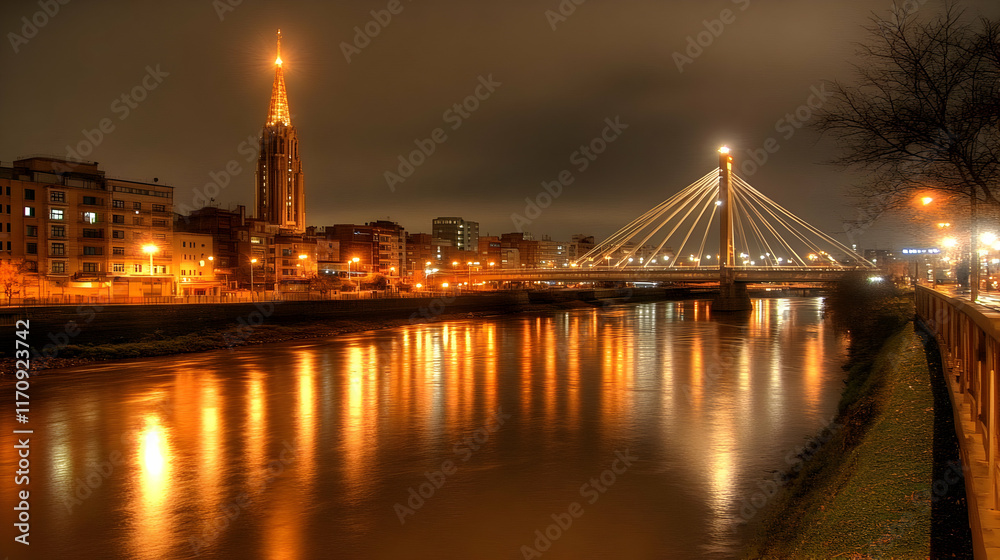Fototapeta premium Night Cityscape Illustration: River, Bridge, and Tower
