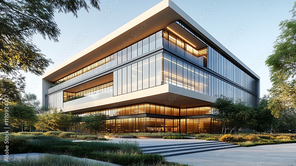 Fototapeta premium Contemporary Glass Office Building with Environmental Integration and Natural Lighting : Generative AI