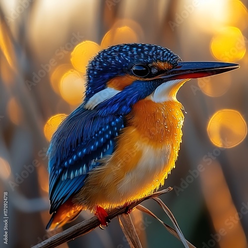 Malachite Kingfisher Corythornis cristatus tiny bird a vivid blue and orange body perched on a reed poised to dive into a shimmering water body photo