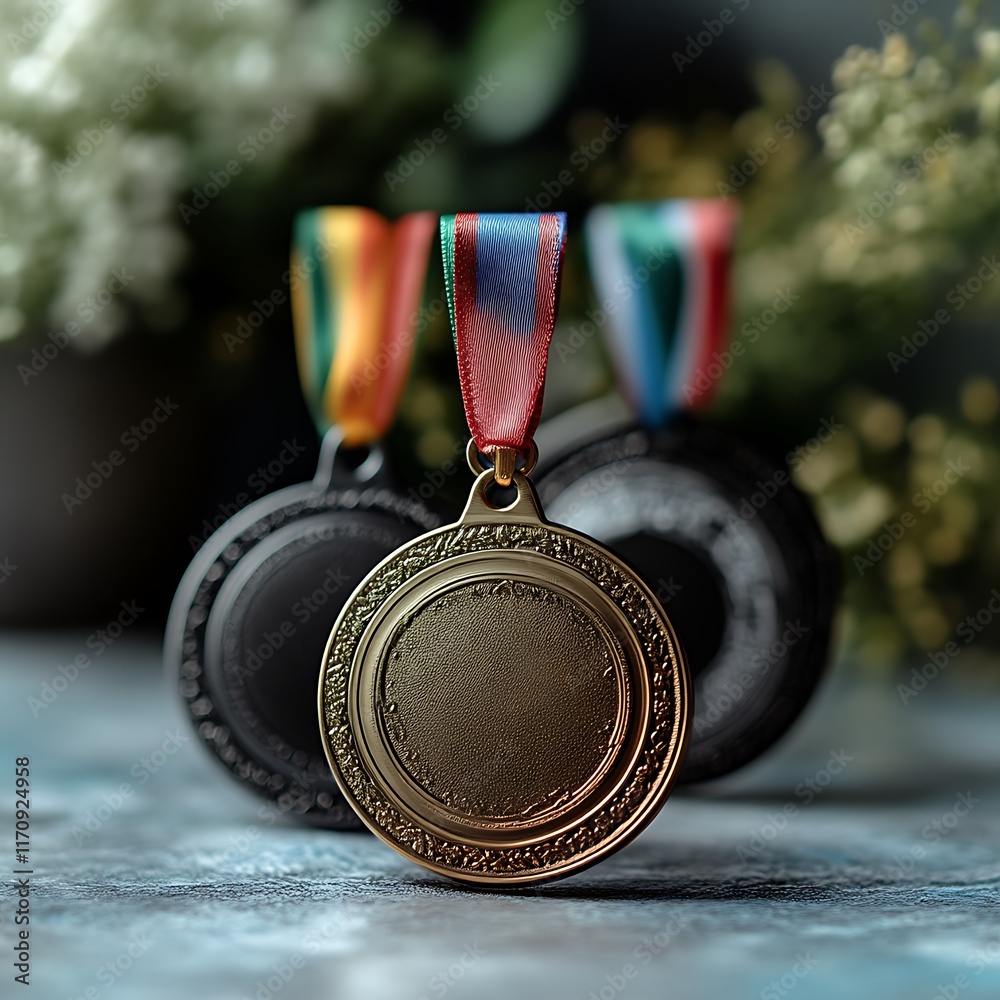 Three Gold Medals With Colorful Ribbons Await Award Ceremony