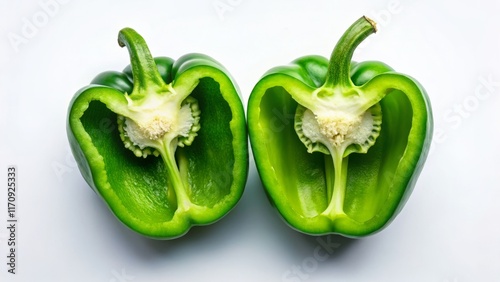 Half Green Bell Pepper Top View White Background - Fresh Vegetable Ingredient Photography