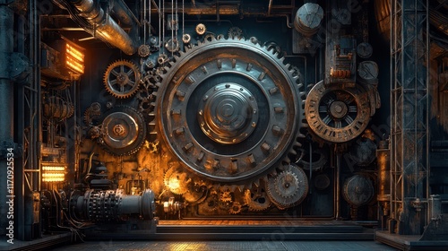 A dynamic industrial scene with rotating wheels, gears, and pistons working together to generate a powerful flow of energy and movement.