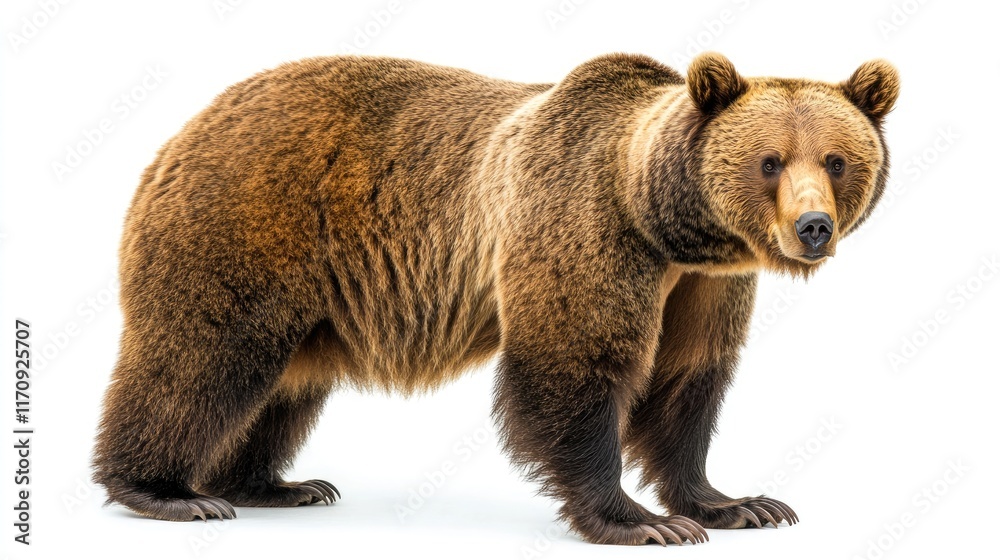 Obraz premium A realistic depiction of a standing brown bear against a white background.
