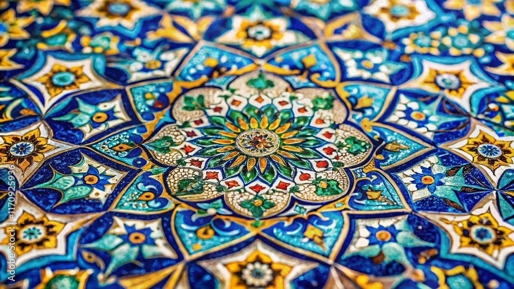 Intricate Persian Tile Detail: Close-up Macro Photography of Colorful Glaze and Geometric Patterns Intricate Persian Tile Detail: Close-up Macro Photography of Colorful Glaze and Geometric Patterns