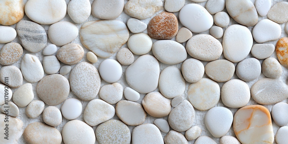Smooth white and tan pebbles form a natural seamless pattern, creating a calming and organic texture ideal for backgrounds or design. Smooth white and tan pebbles form a natural seamless pattern, creating a calming and organic texture ideal for backgrounds or design.