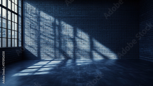 spacious navy blue photography studio with dramatic shadows and light