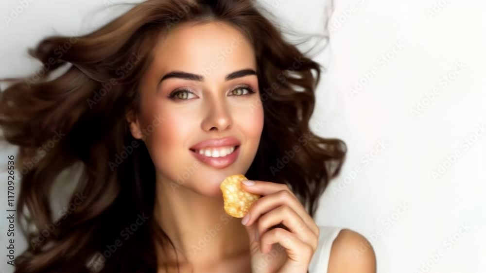 Young Woman Enjoying Delicious French Fries: Close-Up Portrait Young Woman Enjoying Delicious French Fries: Close-Up Portrait