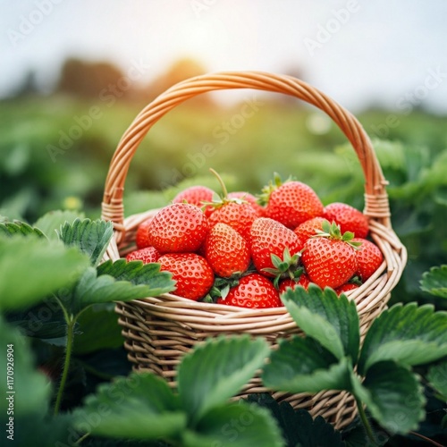 Korb mit frisch gepflückten reifen Erdbeeren auf dem Erdbeerfeld photo