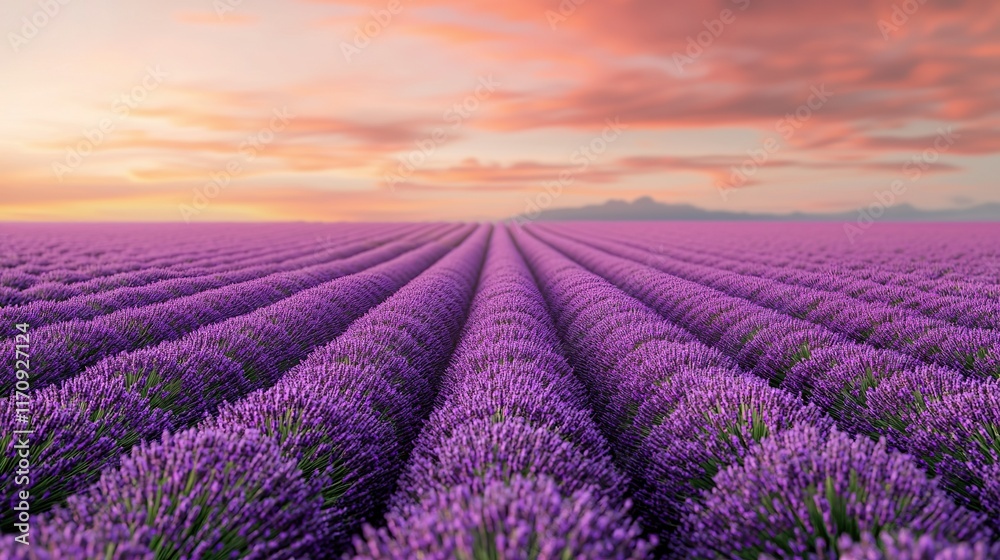 Naklejka premium A serene lavender field stretches under a colorful sunset, showcasing vibrant purple rows that create a peaceful and picturesque landscape.