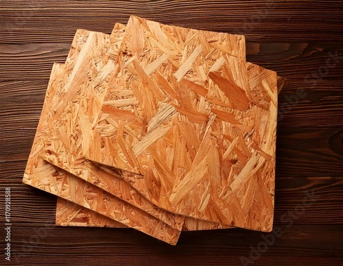 OSB boards consist of compacted brown wood chips, finely polished, showcasing a textured and natural appearance, placed prominently against a smooth, rustic, wooden background, exuding warmth, durabil photo