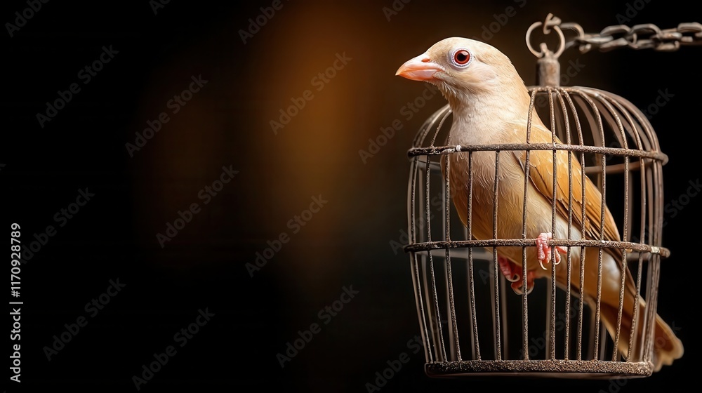 Obraz premium A small bird in a cage with a chain around it