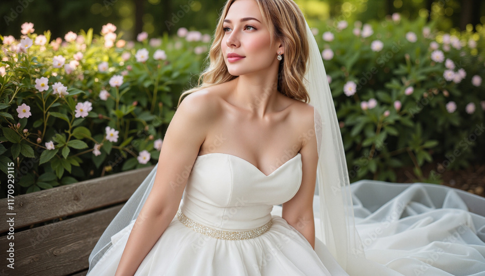 Bride gazing thoughtfully in bridal dress among floral greenery, spring elegance Bride gazing thoughtfully in bridal dress among floral greenery, spring elegance