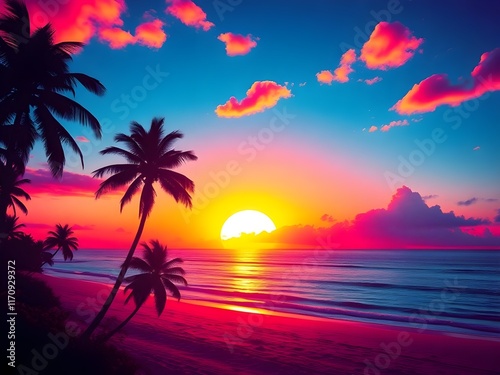 Tropical beach with palm trees silhouette at sunset background

