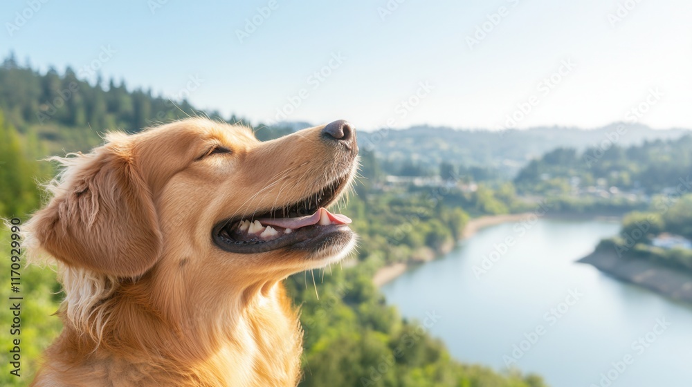 Obraz premium A golden retriever dog looking up at the sky