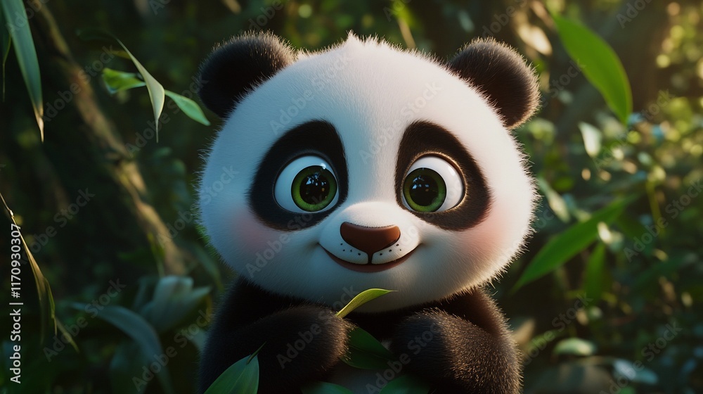 Cute cartoon panda cub in a lush forest setting, with big eyes and a happy expression.