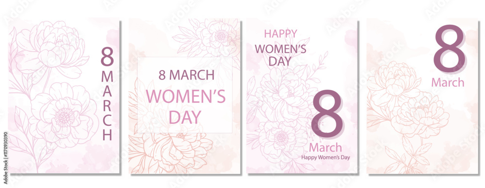 Womens Day Poster. Set of Floral Posters for 8 March. Flower design Womens Day Greeting Cards. Women Day background Templates with Floral Line Art. Womens Day Poster. Set of Floral Posters for 8 March. Flower design Womens Day Greeting Cards. Women Day background Templates with Floral Line Art.