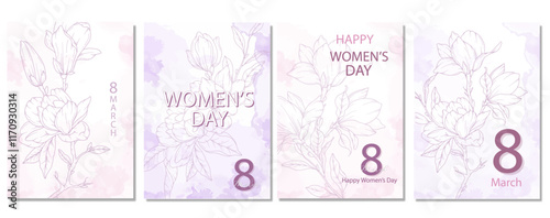 Womens Day Poster. Set of Floral Posters for 8 March. Magnolia Line Art. Flower design Womens Day Greeting Cards. Women Day background Templates with Floral Art.