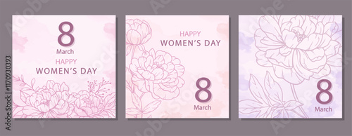 Womens Day Poster. Set of Floral Posters for 8 March. Flower design Womens Day Greeting Cards. Women Day background Templates with Floral Line Art.