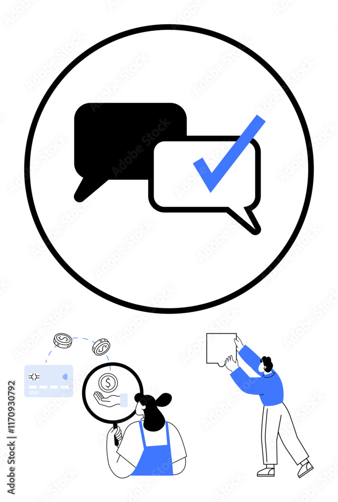 Speech bubbles with check mark, woman analyzing money and connected icons, man presenting. Ideal for communication, analysis, financial review, presentation, teamwork business education. Abstract Speech bubbles with check mark, woman analyzing money and connected icons, man presenting. Ideal for communication, analysis, financial review, presentation, teamwork business education. Abstract