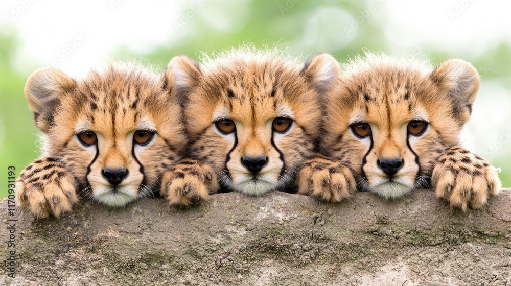 Obraz premium Three cheetah cubs peeking over a rock wall