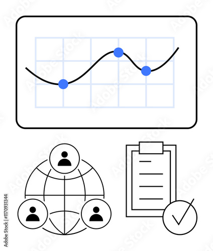 Graph with data points and trendline, global team collaboration network, checklist and validation mark. Ideal for teamwork, analytics, project tracking, organization, productivity, planning abstract