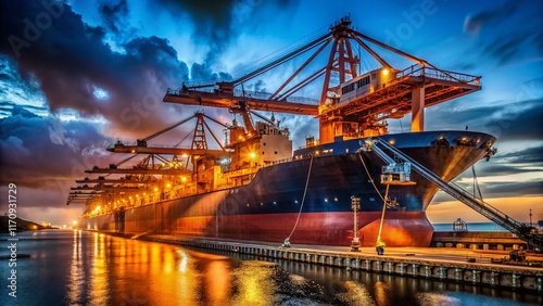 Night Loading: Bauxite Ore onto Bulk Carrier at Kamsar Port, Guinea photo