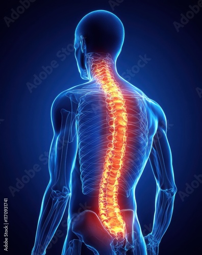 A man's back is shown in a blue and red color
